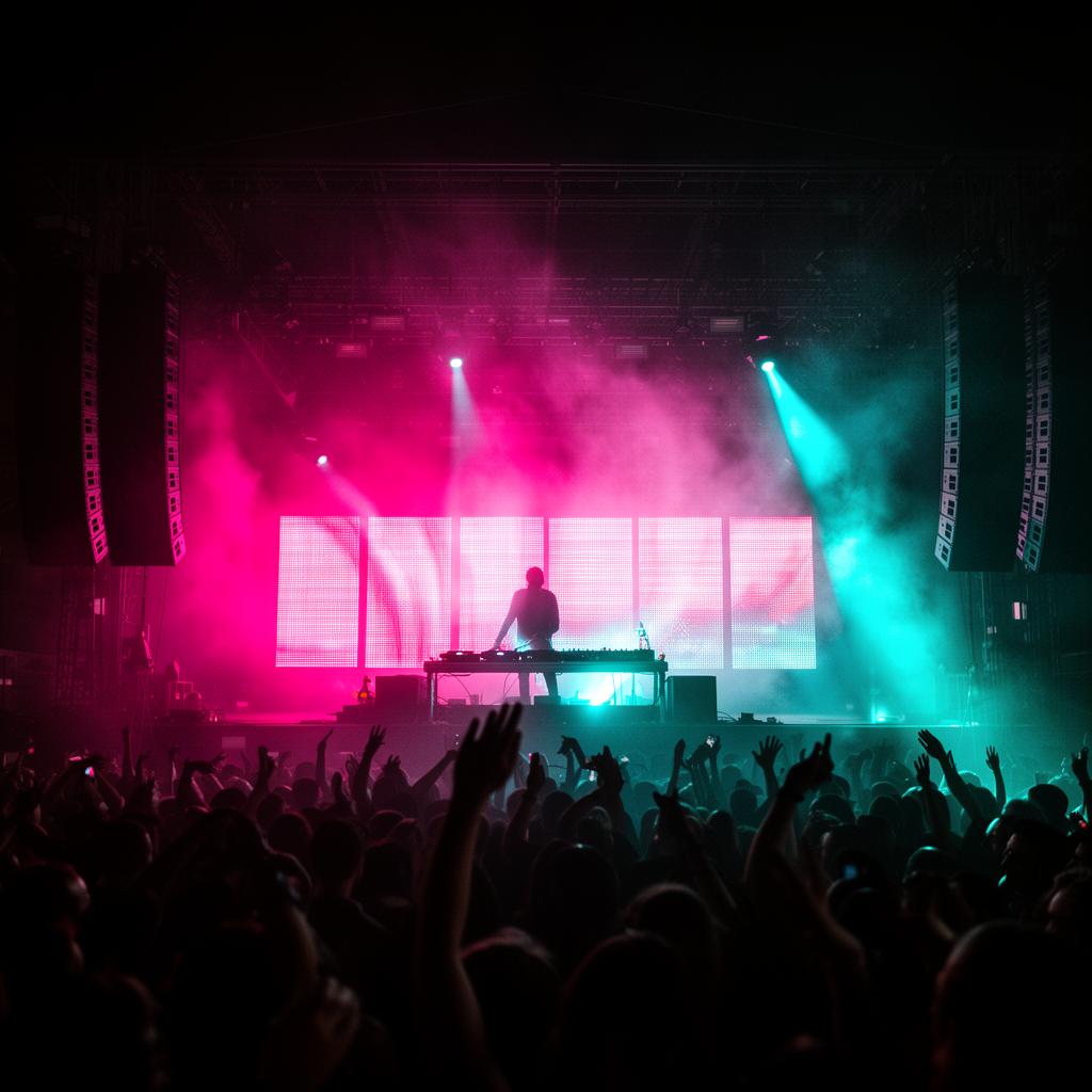 DJ performing on a festival main stage with pink and cyan stage lights